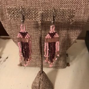 Pink and brown beaded earrings, pierced